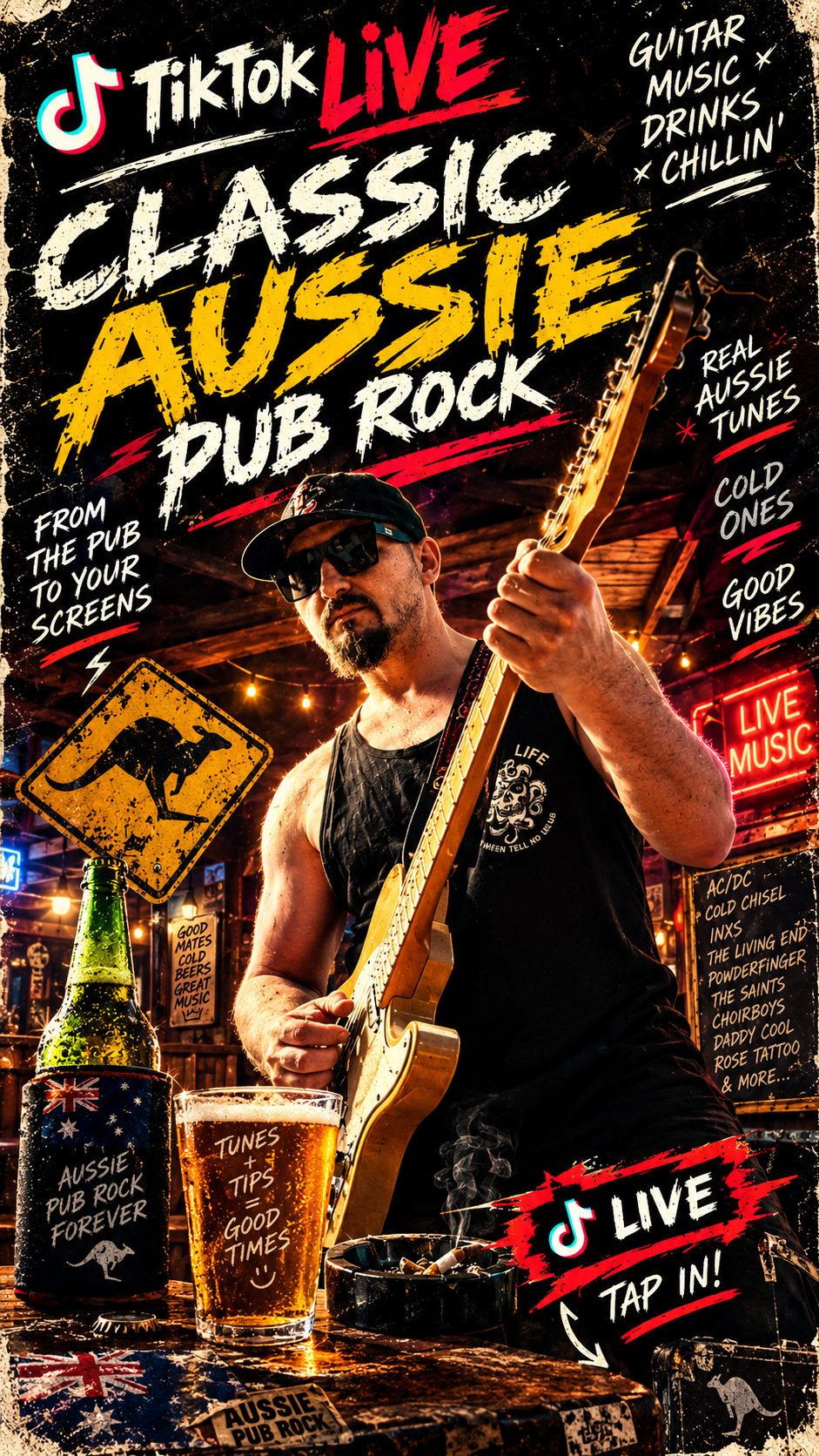 JustDeanoBro playing guitar in a lively Australian pub rock setting